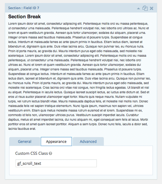 Gravity Forms Scroll Text Admin