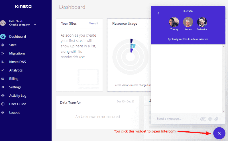 kinsta live chat intercom