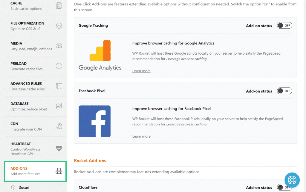 WP Rocket add-ons